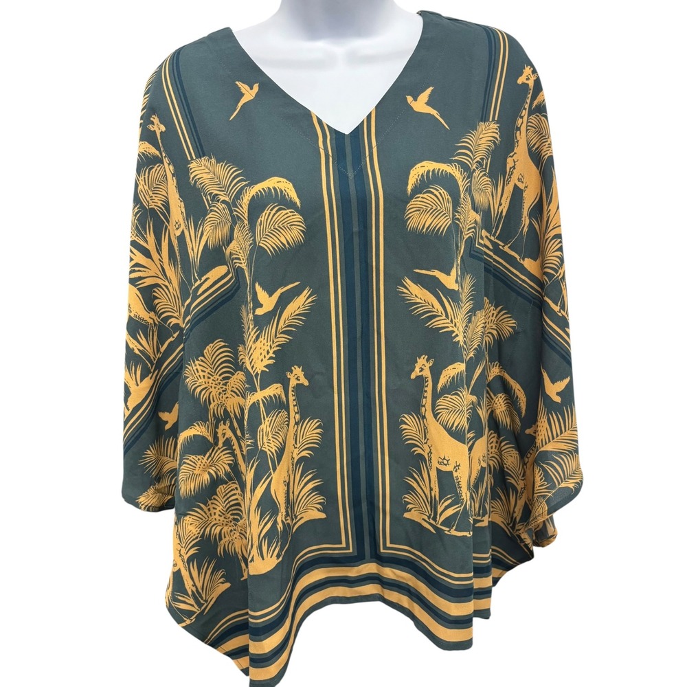 Belle by Kim Gravel Womens XS Safari Giraffe Print V-Neck Poncho Blouse Teal